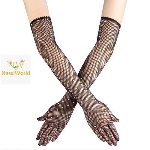 Siyah Renk İncili Elmas İşlemeli File Örgü Uzun Eldiven 45 cm