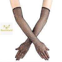 Siyah Renk İncili Elmas İşlemeli File Örgü Uzun Eldiven 45 cm