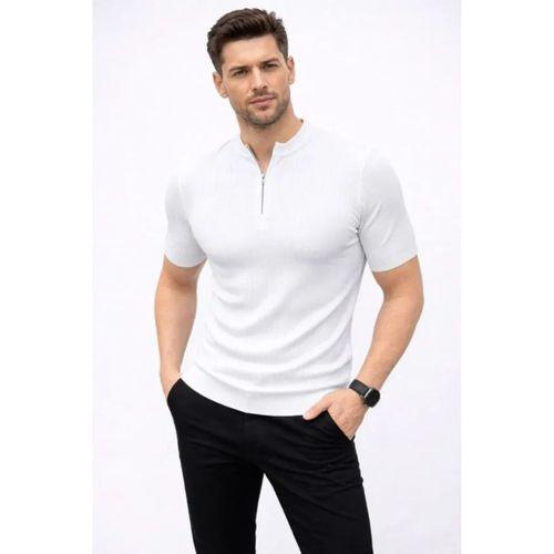Erkek Kısa Kol Fitilli Triko T-Shirt Yazlık Hakim Yaka Tişört - Beyaz