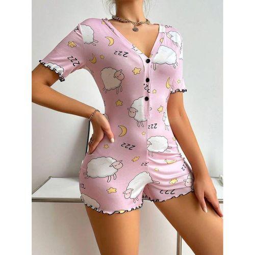 Pamuklu Pembe Kuzu Desenli Düğmeli Uzun Kol Tulum Pijama