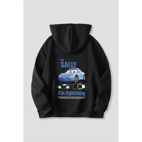 Sevgililer Günü Araba Temalı Baskılı Oversize Kapüşonlu Sweatshirt Hoodie - Siyah