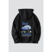 Sevgililer Günü Araba Temalı Baskılı Oversize Kapüşonlu Sweatshirt Hoodie - Siyah