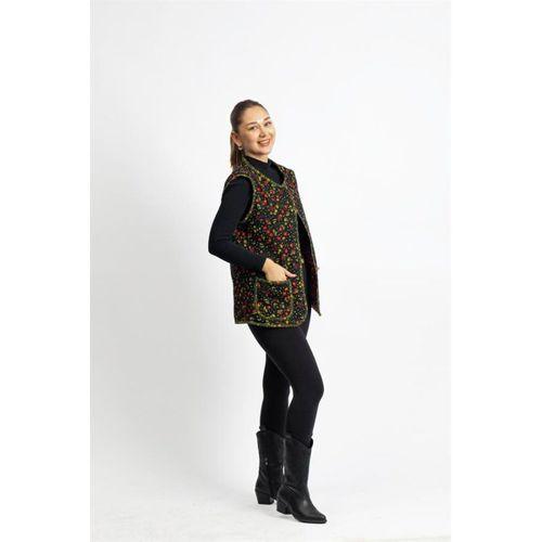 Kolsuz Meryem Çift Taraflı Cepli Pazen Kışlık Yelek Çiçek Siyah/Bordo ÇiçekSyh