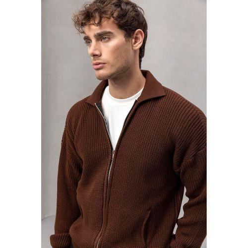 Coppola Selanik Örgü Polo Yaka Cepli Fermuarlı Rahat Kalıp Erkek Triko Hırka - Kahve