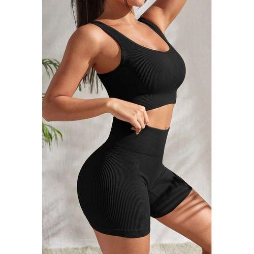 Kadın Siyah Kaşkorse Şortlu Crop Atlet Takım Esnek Kumaş Yüksek Bel