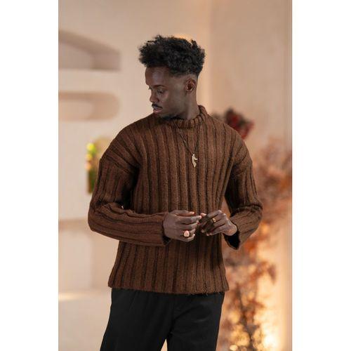 Oversize Kendinden Çizgili Pamuklu Kalın Triko Spor Kazak