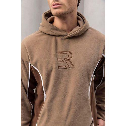 Frank Parçalı Kontrast Desenli Kapüşonlu Oversize Cepli Polar Erkek Sweatshirt - Bej