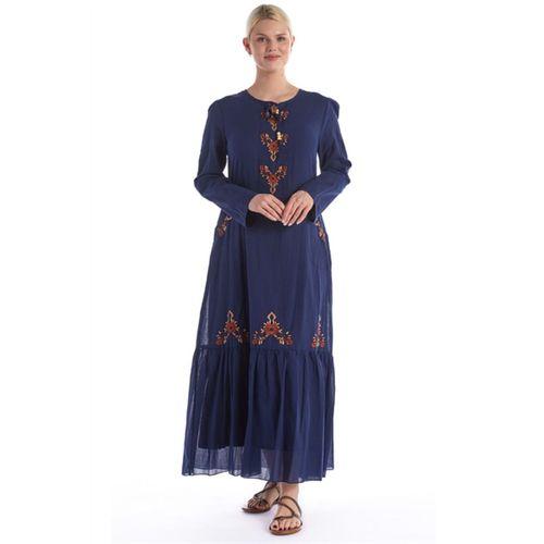 Uzun Kol Lacivert Nakış Detaylı Bağcık Yaka Cepli Vual Uzun Elbise