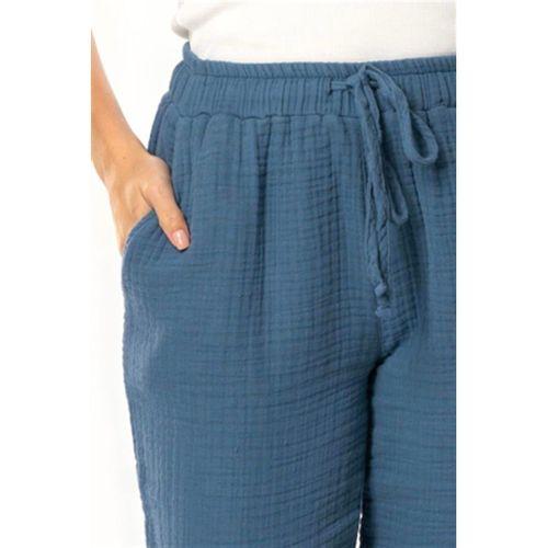 Beli Lastikli Multi Çift Cepli Müslin Kadın/Erkek Unisex Yazlık Pantolon İndigo indg