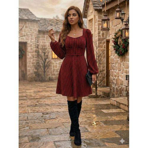 Kadın Uzun Kollu Kare Kalp Yakalı Mini Modal Elbise