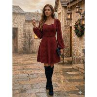 Kadın Uzun Kollu Kare Kalp Yakalı Mini Modal Elbise