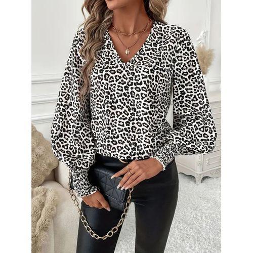 Kadın Uzun Kollu V Yaka Kollar Gipe Detaylı Leopar Desenli Süprem Bluz