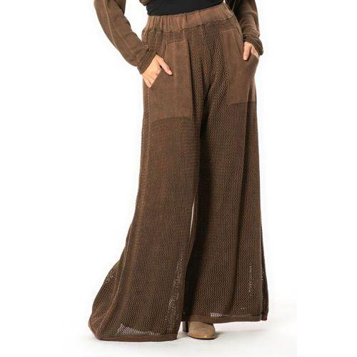 File Detaylı Bol Paça Beli Lastikli Uzun Sonbahar ve Kışlık Cepli Triko Pantolon Kahve Khv