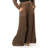 File Detaylı Bol Paça Beli Lastikli Uzun Sonbahar ve Kışlık Cepli Triko Pantolon Kahve Khv