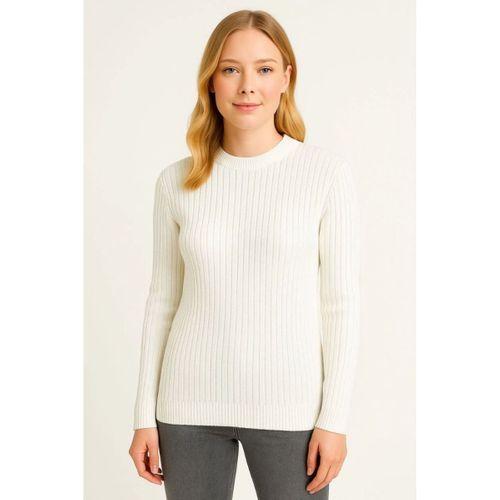 Bisiklet Yuvarlak Yaka Triko Kazak Pamuklu Kalın Fitilli Dokuma, Regular Fit Uzun Kollu Kışlık Model - Beyaz