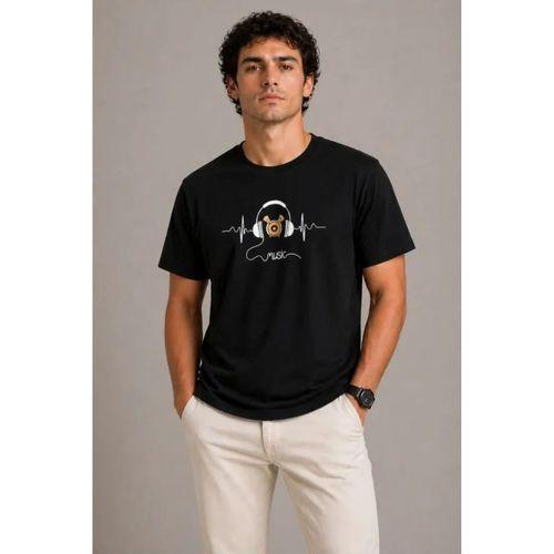 Erkek Müzik Temalı Baskılı Tişört Bisiklet Yaka Kısa Kol T-Shirt - Siyah