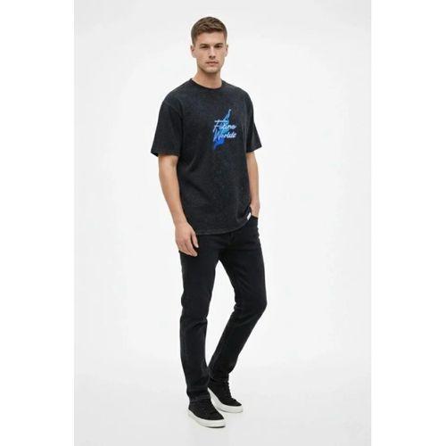 Erkek Asit Yıkamalı Oversize Tişört Future Worlds Baskılı Bisiklet Yaka Kısa Kollu Streetwear %100 Pamuk Street Style T-Shirt - Siyah