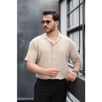 Yarım Oversize Apaş Yaka Kısa Kol Müslin Kumaş Erkek Gömlek - Bej