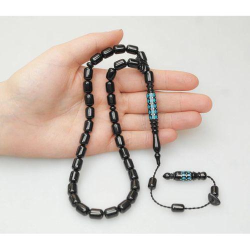 Oltu Taşı Oyma İmame ve Mavi Mine İşleme Sade Tespih