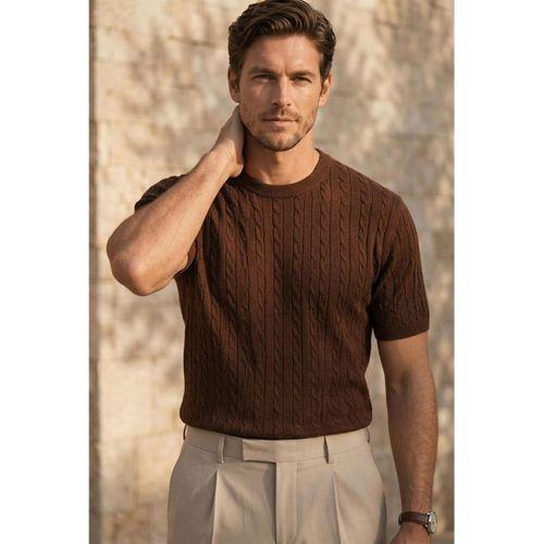 Walsh Saç Örgü Desenli Bisiklet Yaka İnce Triko Erkek T-Shirt - Kahve