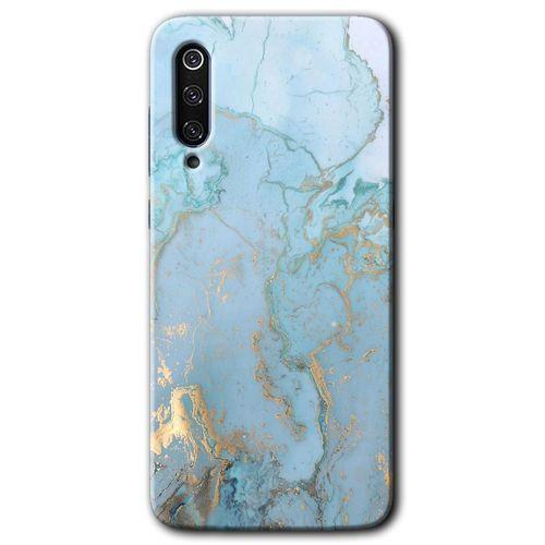 Xiaomi Mi 9 SE Kılıf HD Desen Baskılı Arka Kapak+Temperli Cam - Mavi Gold Mermer