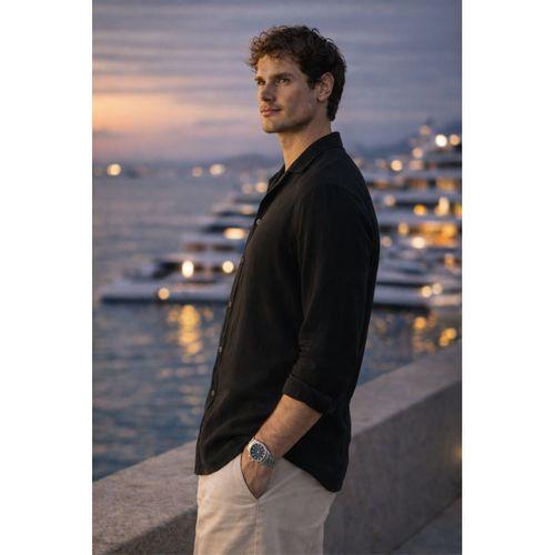 Apaş Yaka Oversize Müslin Kumaş Gömlek - Siyah