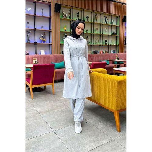 Kapşonlu Belden Bağlamalı Fermuarlı Sade Basic Uzun Tunik ve Pantolon İkili Spor Takım - 03065.008 - Gri