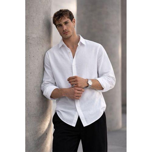 Scott – Soft Dokulu Yarım Oversize Modern Keten Görünümlü Erkek Gömlek - Beyaz