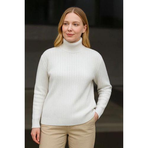 Balıkcı Yaka Bağazlı Triko Kazak Pamuklu Kalın Fitilli Dokuma - Beyaz