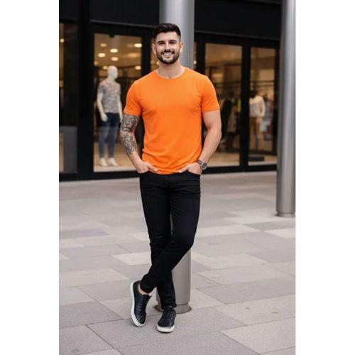 Erkek T-Shirt Bisiklet Yaka Slim Fit Dar Kesim Likralı Tişört Günlük Basic Body - Turuncu