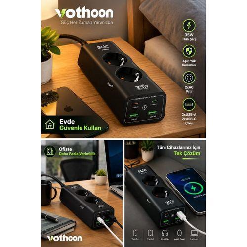 Akım Korumalı Priz 2 Ac Soket 2 Usb-a 2 Usb-c 35w Hızlı Şarj 1050j Koruma 2 Mt Kablo 2200w
