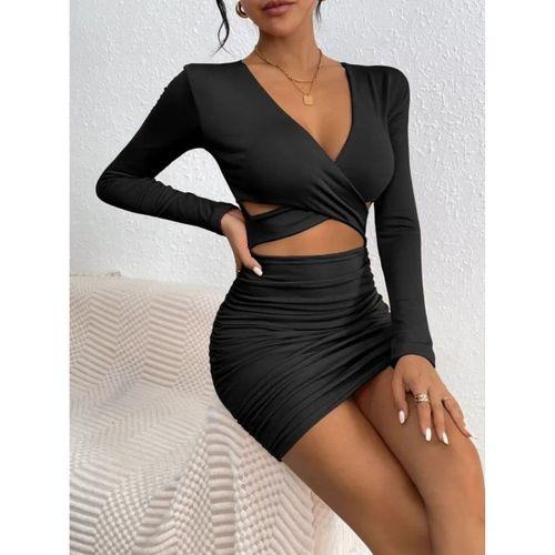 Kadın Uzun Kollu çapraz Dekolte Detaylı Mini Sandy Elbise