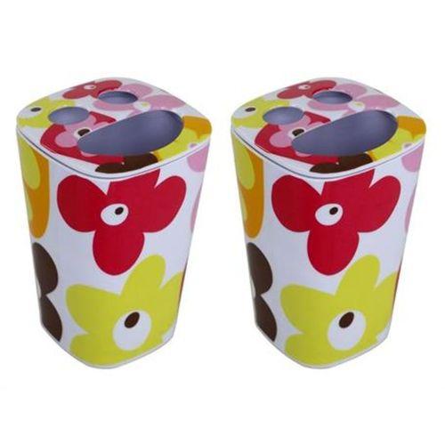 2 Adet Diş Fırçalık Kırmızı Papatya Melamin 7X7X11Cm Banyo Seti