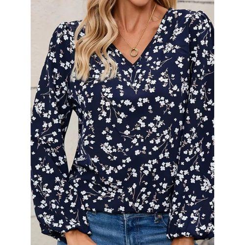 Kadın Uzun Kollu V Yakalı çiçek Desenli Modal Bluz