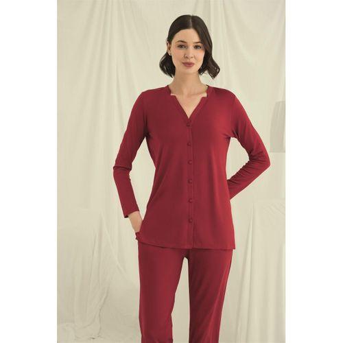 Uzun Kollu Düğmeli V Yaka Pijama Takımı