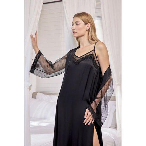 Dantelli Tüllü Ve Dekolteli Saten Sabahlık Takımı