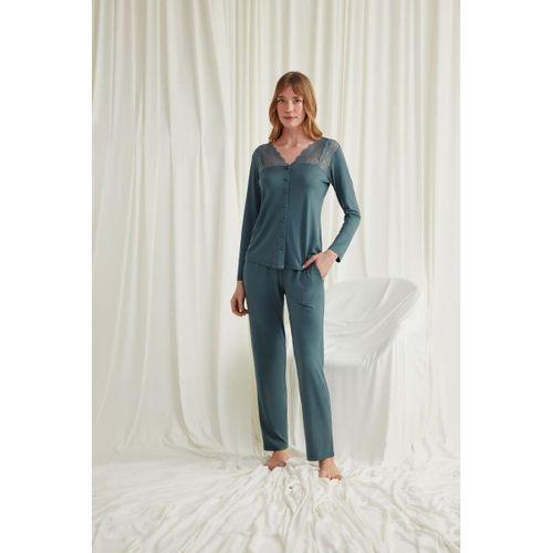 Yakası Omzu Ve Paçası Dantelli Boydan Düğmeli Pijama Takımı