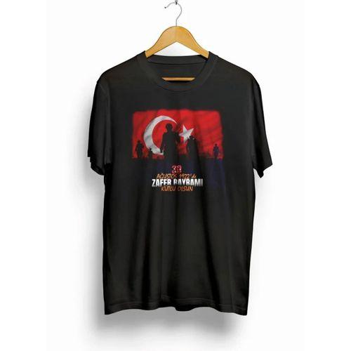 30 Ağustos Zafer Bayramı Atatürk Baskılı Oversize Bisiklet Yaka T-shirt - Siyah