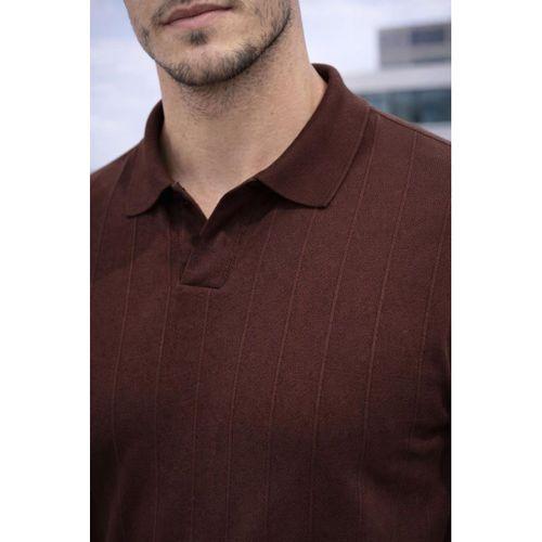 Çizgili V Yaka İnce Triko Oversize Relaxed Fit Polo Yaka Erkek T-Shirt - Kahve