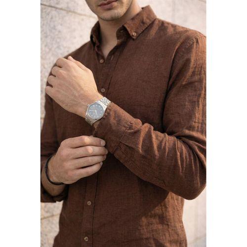 Pera Kumaş Keten Görünümlü Yarım Oversize Uzun kollu Erkek Gömlek - Kahve