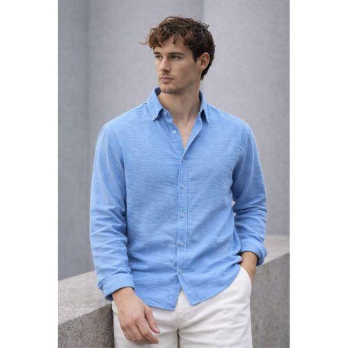 Pera Kumaş Keten Görünümlü Yarım Oversize Uzun kollu Erkek Gömlek - Açık Mavi