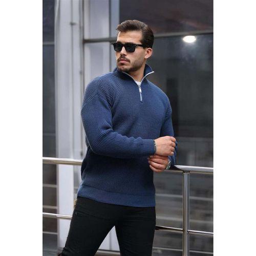 Nolan Oversize Selanik Örgü Yarım Fermuar Erkek Triko Kazak - İndigo