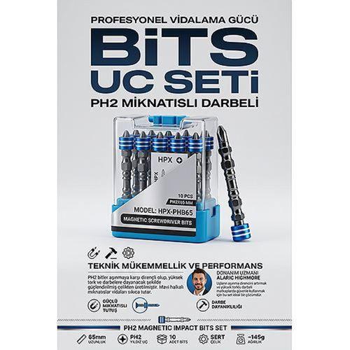 PH2 Mıknatıslı Yıldız Bits Uç Seti 10 Parça Kutulu 65mm Mavi Halkalı Darbeli Matkap Ucu Vidalama Aparatı 723554
