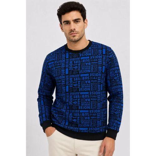 Erkek Siyah Mavi Yazı Desenli İki İplik Şardonlu Sweatshirt