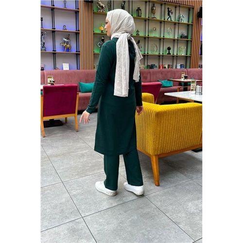 Kapşonlu Düğmeli Sade Basic Uzun Tunik ve Pantolon İkili Spor Takım - 03072.021 - Nefti