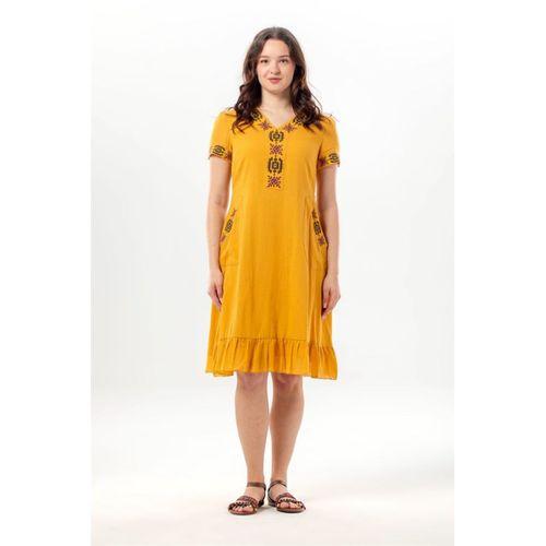 Kısa Kol Feyza V Yaka Çift Cepli Bağlamalı Yazlık Kısa Vual Elbise Hardal Hrd