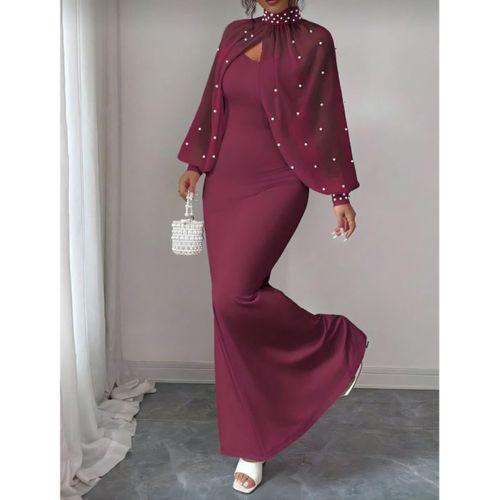 Kadın Balıkçı Yaka İnci Ve Tül Detay Dalgıç Kumaş Maxi Boy Elbise