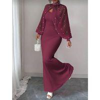 Kadın Balıkçı Yaka İnci Ve Tül Detay Dalgıç Kumaş Maxi Boy Elbise