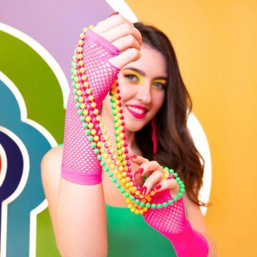 Retro Neon Fuşya File Parmaksız Eldiven 26 Cm