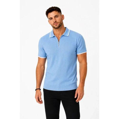 Erkek Fitilli Triko T-shirt Polo Yaka Yarım Fermuarlı Kısa Kollu Tişört - Açık Mavi